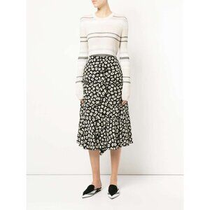 Proenza Schouler Silk Floral Print Midi Skirt Black White Ruffle Detail size 0